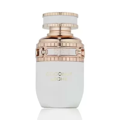 Frasco de perfume branco com detalhes metálicos dourados rosa e texto em relevo