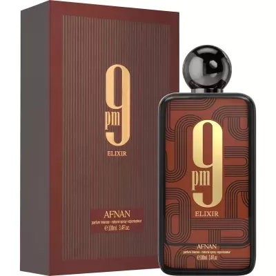Perfume 9 PM ELIXIR AFNAN frasco castanho com detalhes dourados e caixa