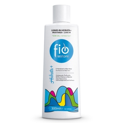 Frasco branco de Leave-in Hidratante Fio Restore 300 ml com design colorido