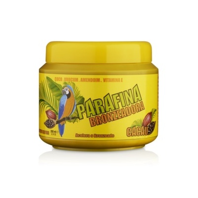 Frasco amarelo de parafina bronzeadora com tampa amarela e ilustração de arara azul e cacau