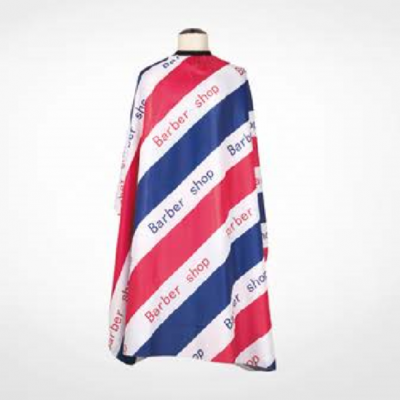 Capa de barbeiro com riscas vermelhas, azuis e brancas e texto Barber shop