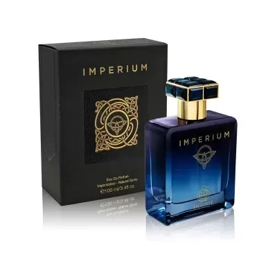 Frasco de perfume IMPERIUM azul e embalagem preta com detalhes dourados