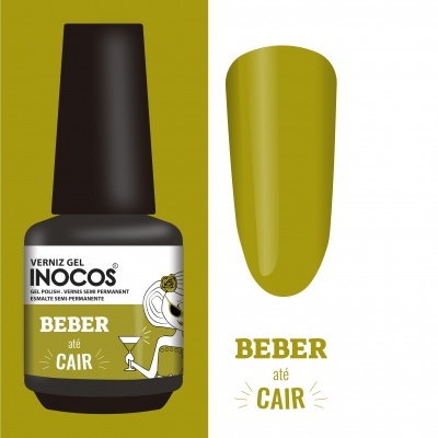 Verniz gel Inocos verde-oliva com texto BEBER até CAIR