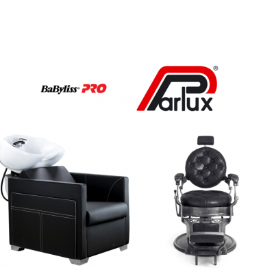 Cadeira de barbeiro preta em veludo e lavatório branco preto, logotipos BaByliss PRO e Parlux
