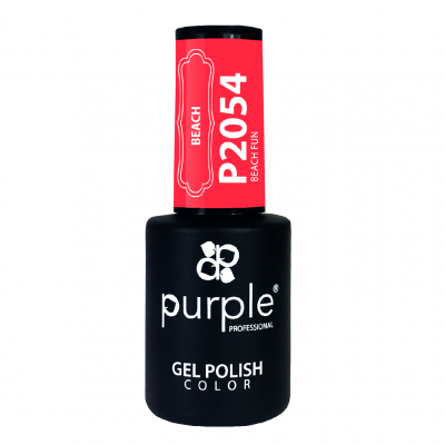 Frasco de verniz gel 'purple professional' preto com tampa vermelha e texto branco.