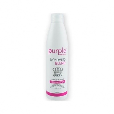 Frasco branco de plástico com texto e detalhes em rosa, produto Monomero Blend da Purple Professional