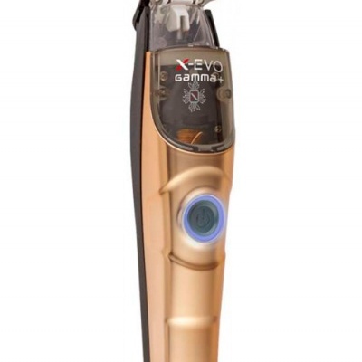 Máquina de cortar cabelo cobre com botão azul e texto X-EVO gamma+