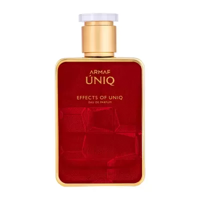 Frasco de perfume vermelho com tampa dourada e transparente e texto dourado