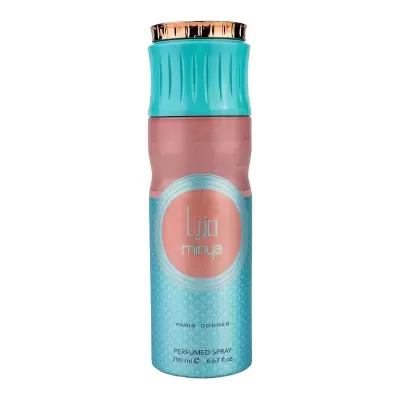 Frasco spray perfumado Minya azul e rosa com tampa azul e detalhe dourado