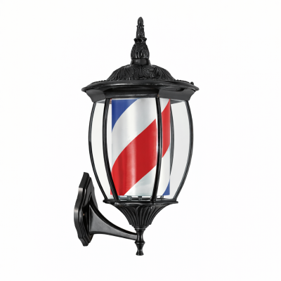 Luz de parede metálica preta com cilindro interior azul, branco e vermelho em espiral