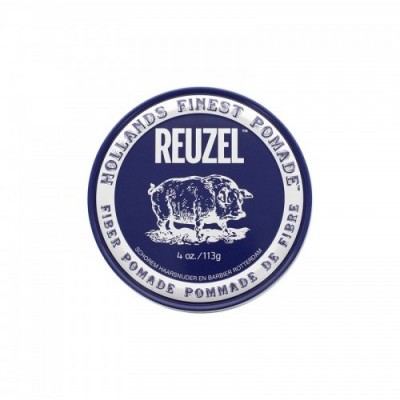 Frasco de pomada para cabelo Reuzel azul e branco com ilustração de porco.