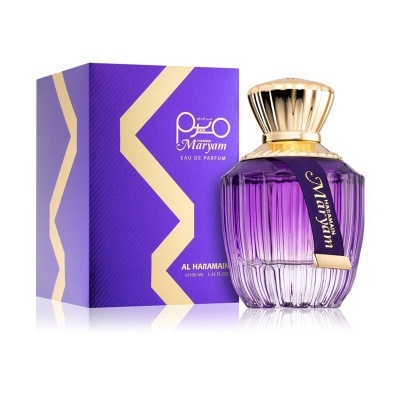 Perfume Al Haramain Maryam com frasco roxo e caixa roxa com detalhes dourados