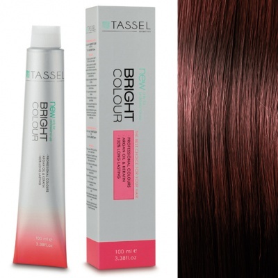 Tubo e caixa do produto TASSEl new BRIGHT COLOUR com mecha de cabelo castanho avermelhado