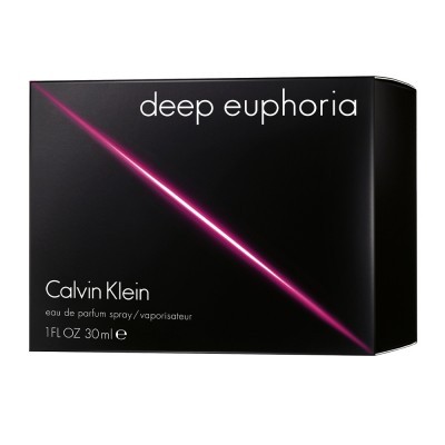 Embalagem preta de perfume Calvin Klein com faixa rosa fluorescente e texto branco
