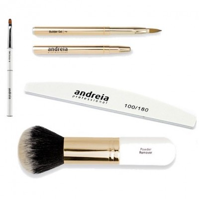 Conjunto de ferramentas de manicure e maquiagem com pincéis, lima e lápis.