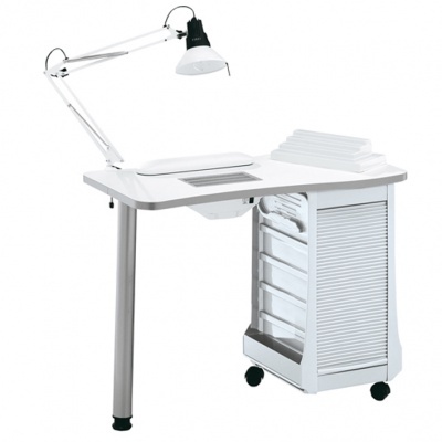 Secretária branca de manicure com gavetas transparentes e lâmpada articulada