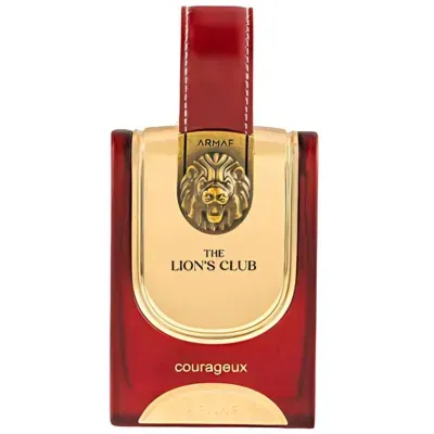 Frasco de perfume vermelho e dourado com cabeça de leão em relevo