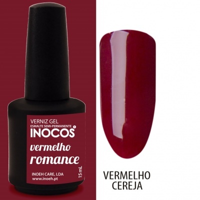 Frasco de verniz gel preto com etiqueta e amostra de cor vermelho cereja