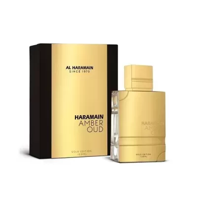 Frasco e embalagem dourados do perfume HARMAIM AMBER OUD ed. ouro