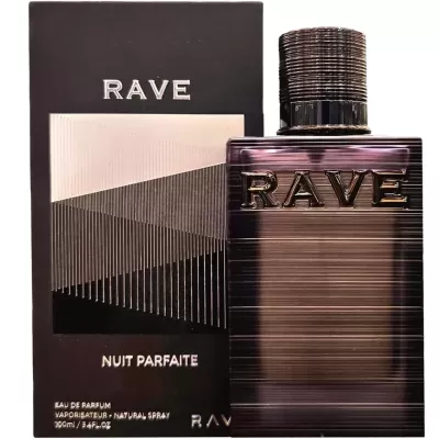 Frasco de perfume RAVE Nuit Parfaite preto e roxo metálico com embalagem preta