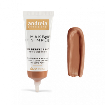 Base de maquilhagem Andreia Professional em tubo branco com texto e amostra da cor castanho média ao lado.