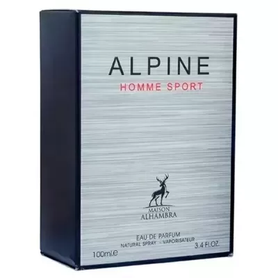 Embalagem de perfume ALPINE HOMME SPORT cinzenta e preta com texto e logo de veado