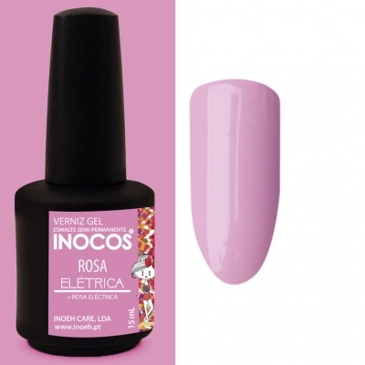 Frasco de verniz gel INOCOS rosa elétrica com amostra de cor rosa
