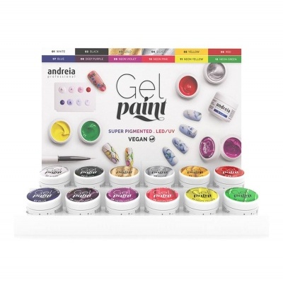 Conjunto de geles para unhas Andreia Professional Gel Paint coloridos com embalagem e amostras das cores