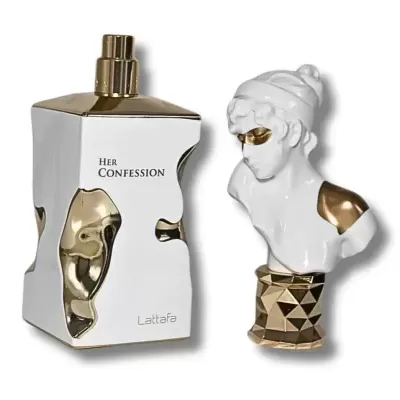 Frasco de perfume com design único branco e dourado com suporte decorativo