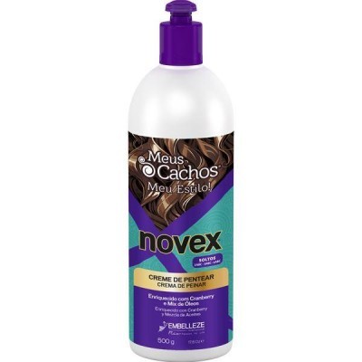 Frasco de creme de pentear Novex Meus Cachos com tampa roxa e rótulo colorido