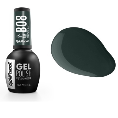 Esmalte em gel preto com texto branco e amostra de cor cinza escuro