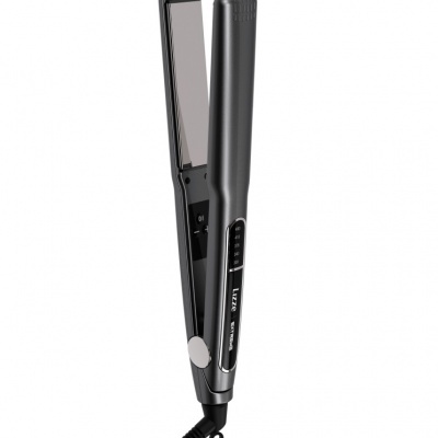 Prancha de cabelo preta com visor digital e placas alisadoras