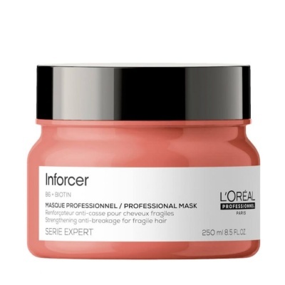 Pote de máscara profissional para cabelo Inforcer B6 + BIOTIN da L'Oréal Profissional cor coral com tampa preta e rótulo branco com texto