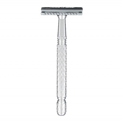 Aparelho de barbear clássico prateado com cabo texturizado