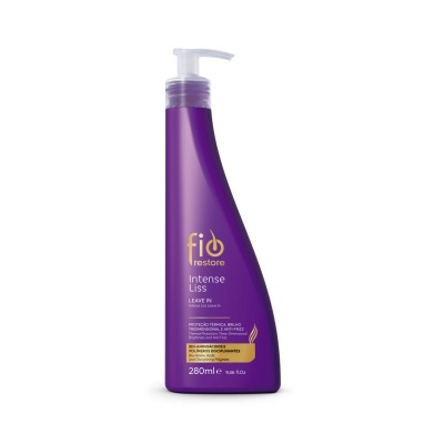 Frasco plástico roxo com tampa de bomba branca para produto capilar fio restore Intense Liss.