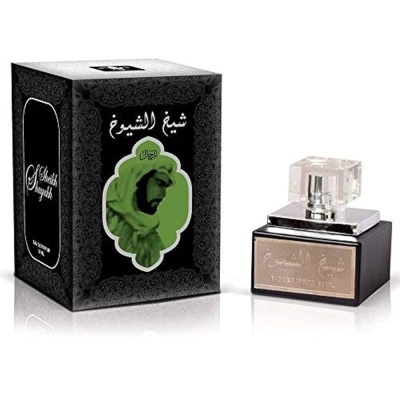 Frasco de perfume preto com tampa transparente e caixa preta com texto árabe e figura masculina verde