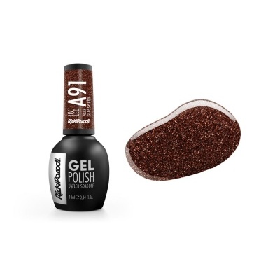 Frasco de verniz gel castanho brilhante com glitter e amostra da cor