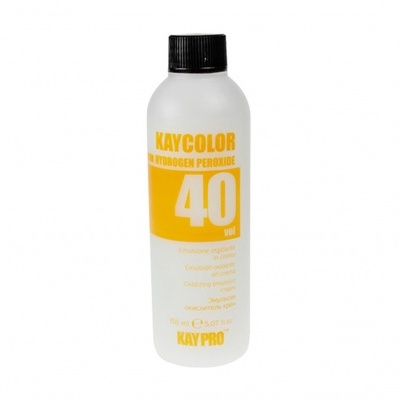 Frasco branco com rótulo amarelo e preto com texto KAYCOLOR 40 vol