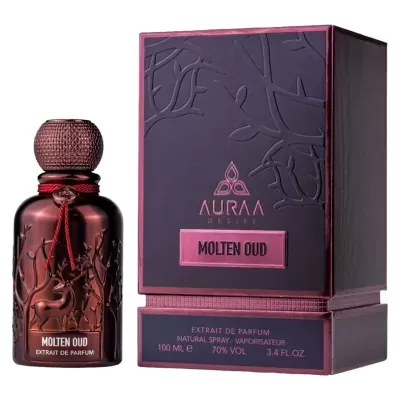 Frasco e caixa de perfume Molten Oud Auraa Desire roxo e marsala com relevo vegetal e animal