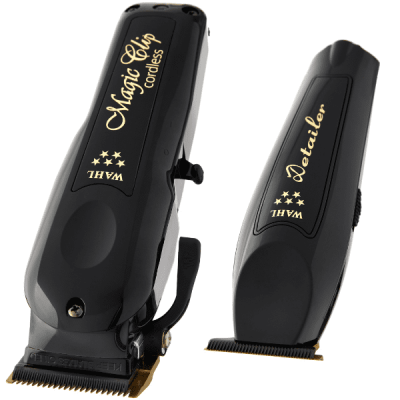 Dois aparadores de cabelo pretos da WAHL com detalhes dourados