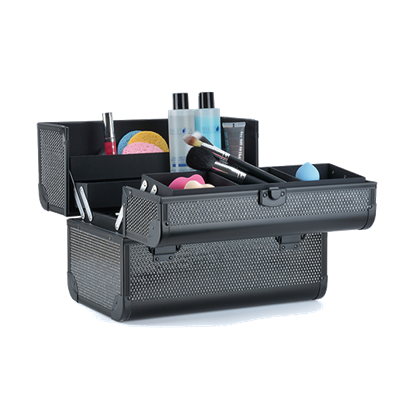 Mala preta de maquilhagem com compartimentos e vários acessórios de maquilhagem