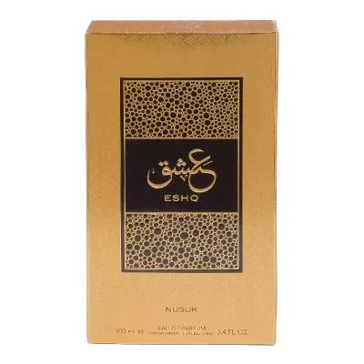 Embalagem dourada de perfume ESHQ NUSUK