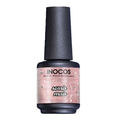 Frasco de verniz gel INOCOS rosa e preto com texto sorrir mais