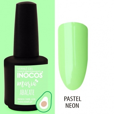 Frasco de verniz gel preto com rótulo verde e amostra de cor verde pastel neón