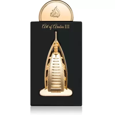Frasco de perfume preto e dourado Art of Arabia III com tampa dourada
