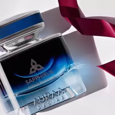 Frasco de perfume azul e transparente com tampa prateada e azul ao lado de fita vermelha