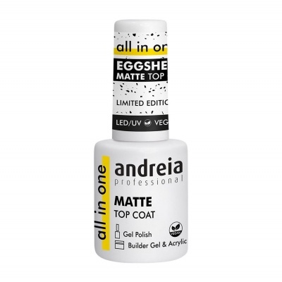 Frasco de verniz gel matte Andreia Professional branco com texto preto e amarelo