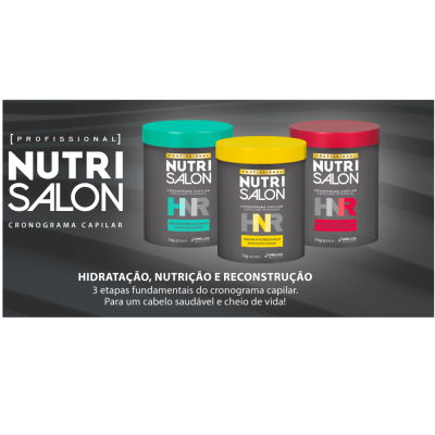 Três frascos de produtos capilares NUTRI SALON com tampas coloridas e fundo cinza