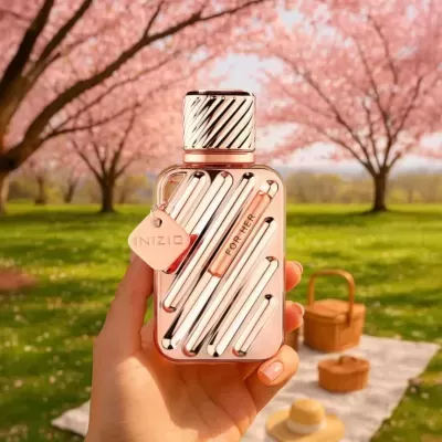 Frasco de perfume rosa metálico com textura diagonal e etiquetas INIZIO e FOR HER em ambiente ao ar livre