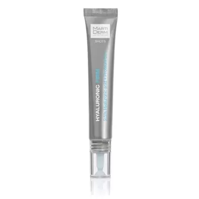 Tubo cinzento metálico de cosmético com tampa transparente e texto branco e azul